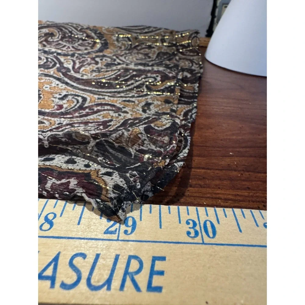 Cejon Brown Gold Silk Paisley Scarf Wrap Boho Earthy Lightweight Sheer Shawl